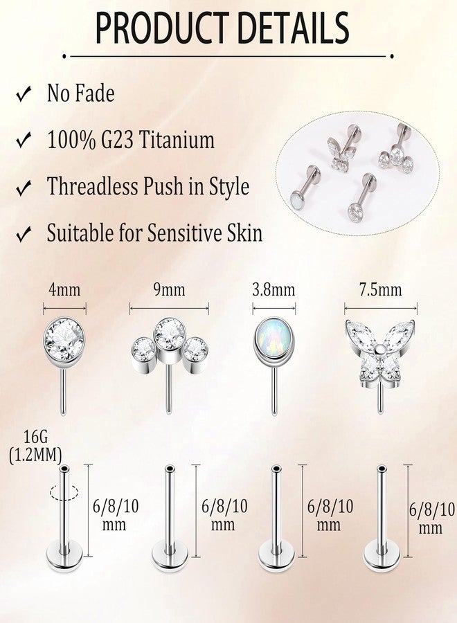 NICEIGHT 4Pcs 16G G23 Titanium Threadless Push in Labret Monroe Studs Lip Rings Hypoallergenic Cartilage Stud Earrings for Sensitive Ear Flat Back Stud Helix Tragus Conch Piercing Jewelry 10MM - Image 5